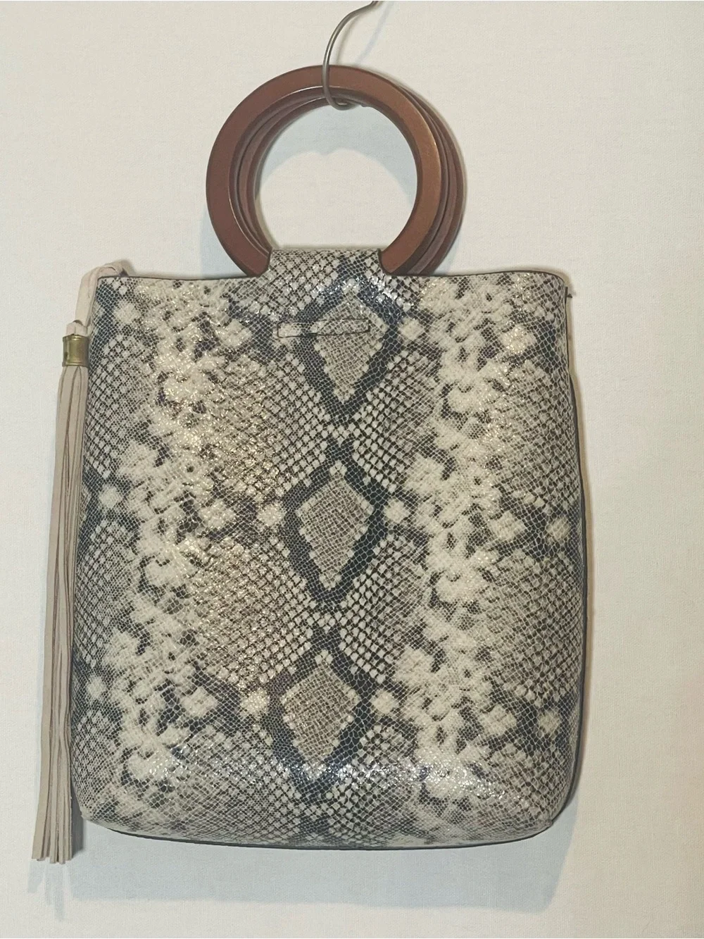 Street Level Nela Snakeskin Print Ring Handle Satchel Bag Grey Black